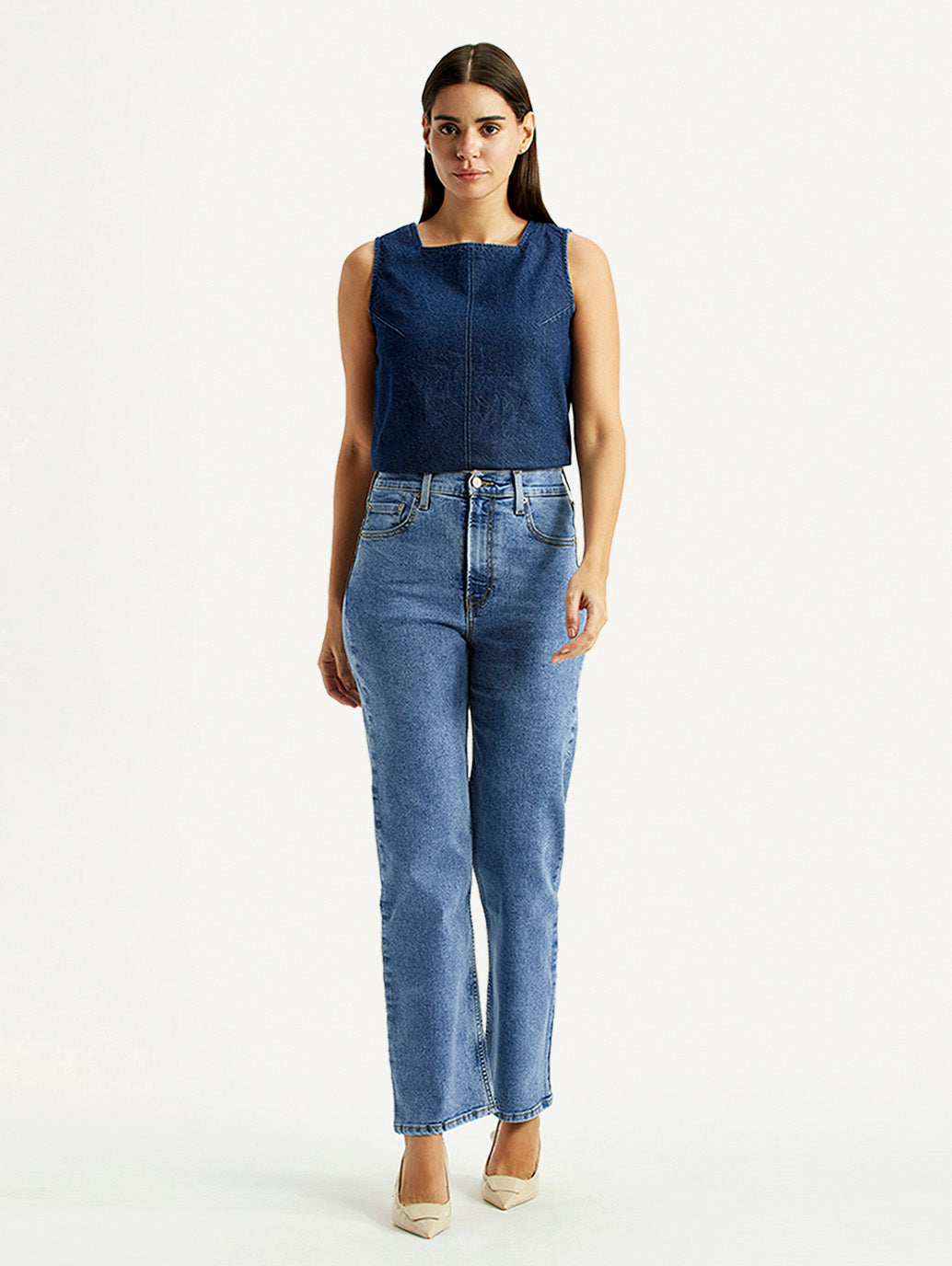 Women's Med Indigo Ribcage Straight Fit High Rise Jeans