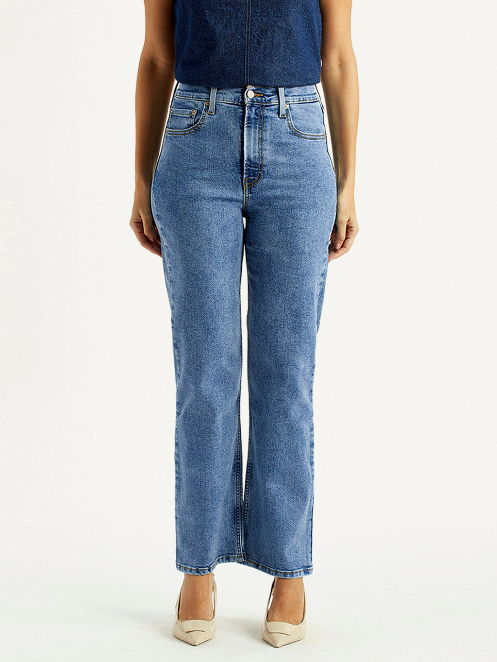 Women's Med Indigo Ribcage Straight Fit High Rise Jeans