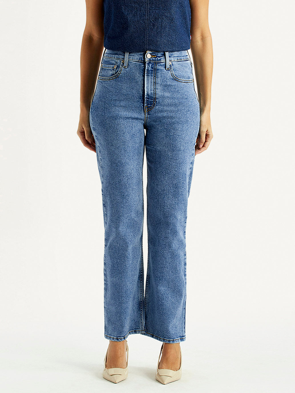 Women's Med Indigo Ribcage Straight Fit High Rise Jeans