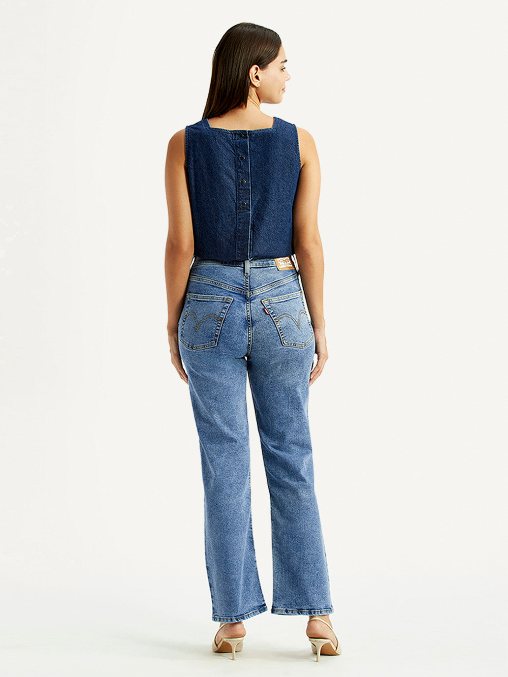 Women's Med Indigo Ribcage Straight Fit High Rise Jeans