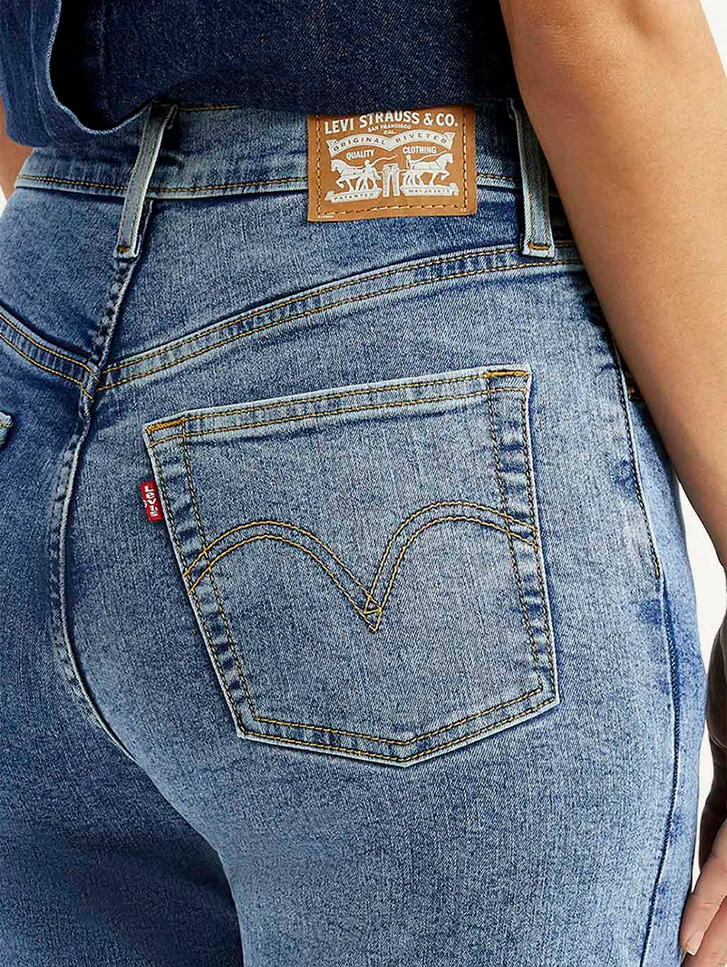 Women's Med Indigo Ribcage Straight Fit High Rise Jeans
