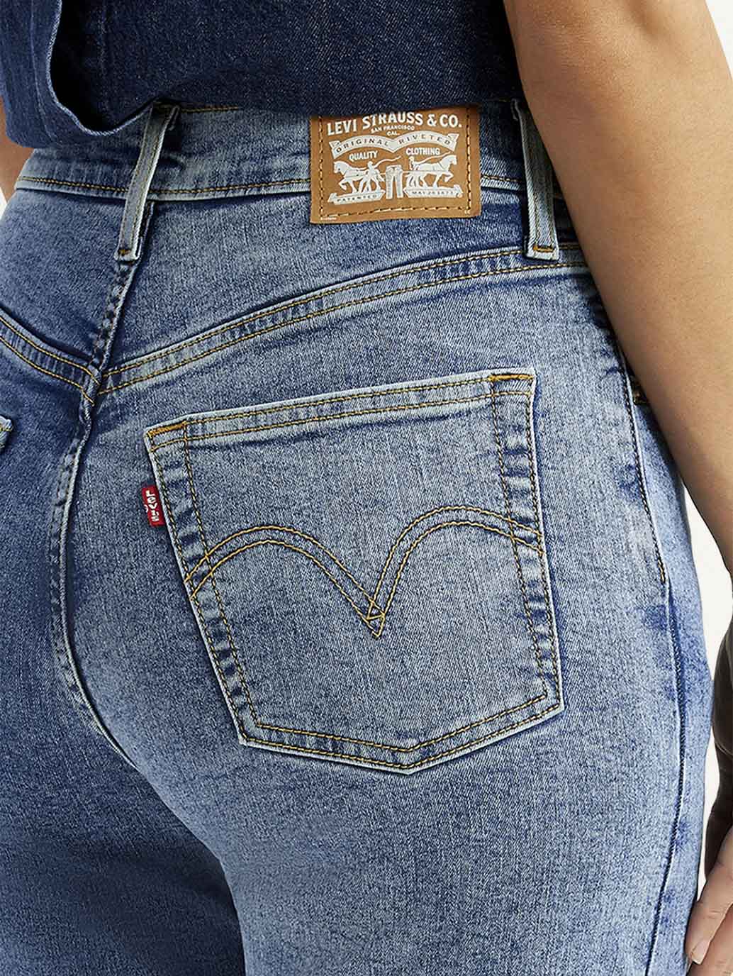 Women's Med Indigo Ribcage Straight Fit High Rise Jeans
