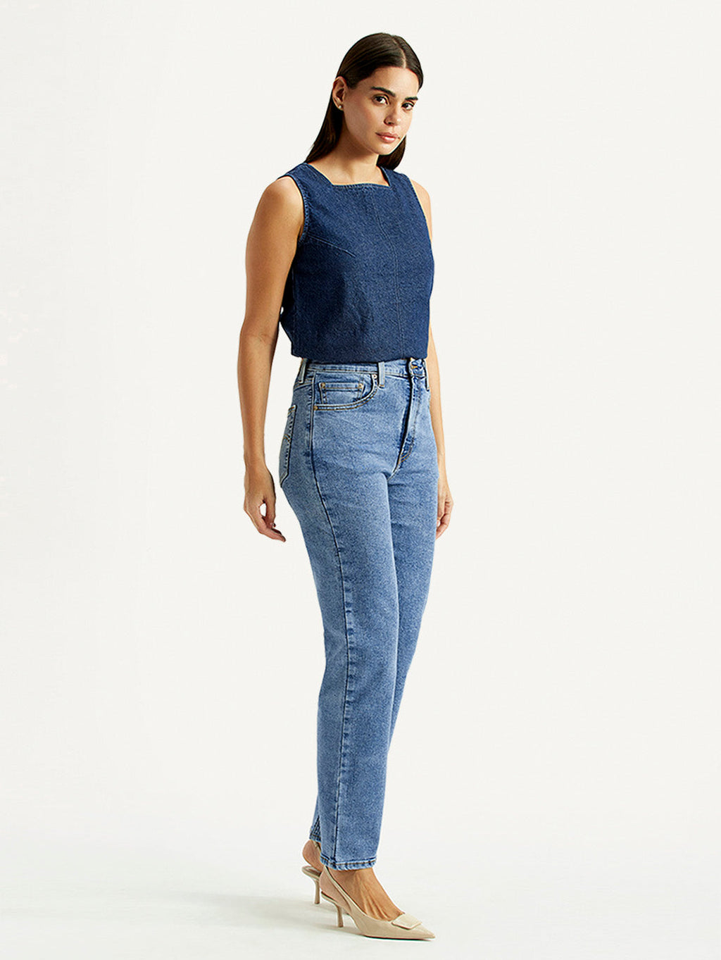 Women's Med Indigo Ribcage Straight Fit High Rise Jeans