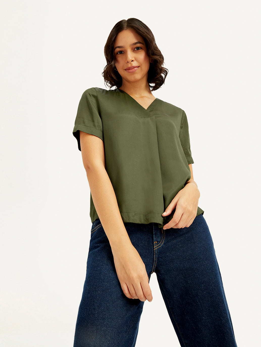 Women's Solid Olive V-Neck Top