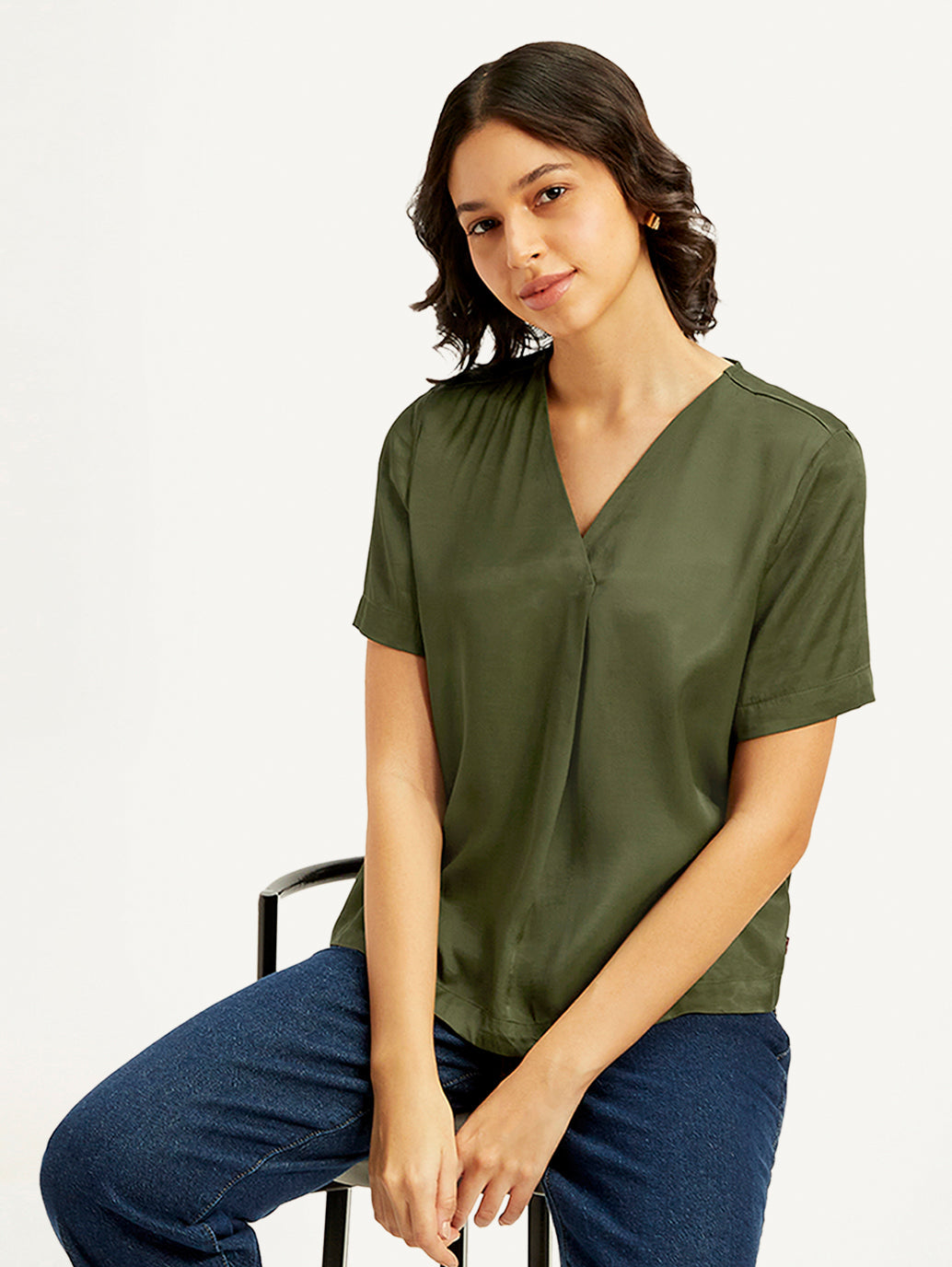 Women's Solid Olive V-Neck Top