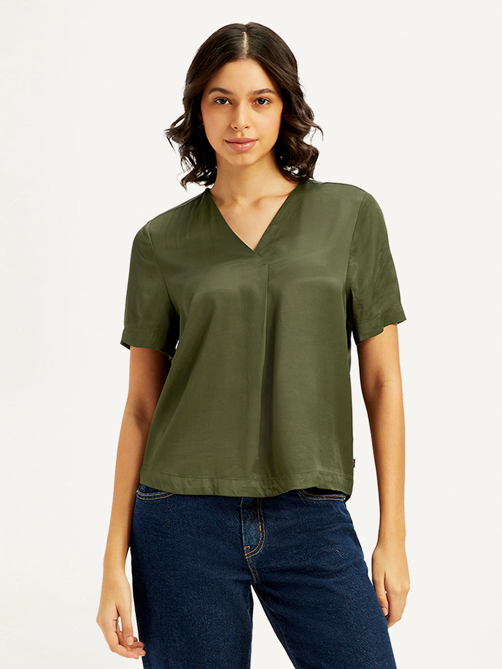 Women's Solid Olive V-Neck Top