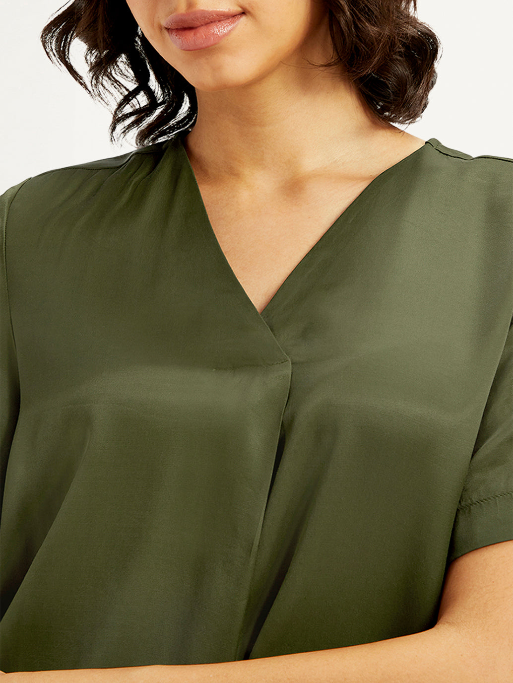 Women's Solid Olive V-Neck Top