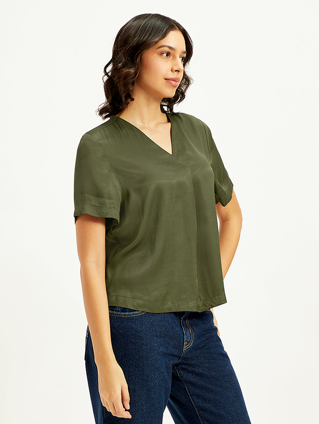 Women's Solid Olive V-Neck Top