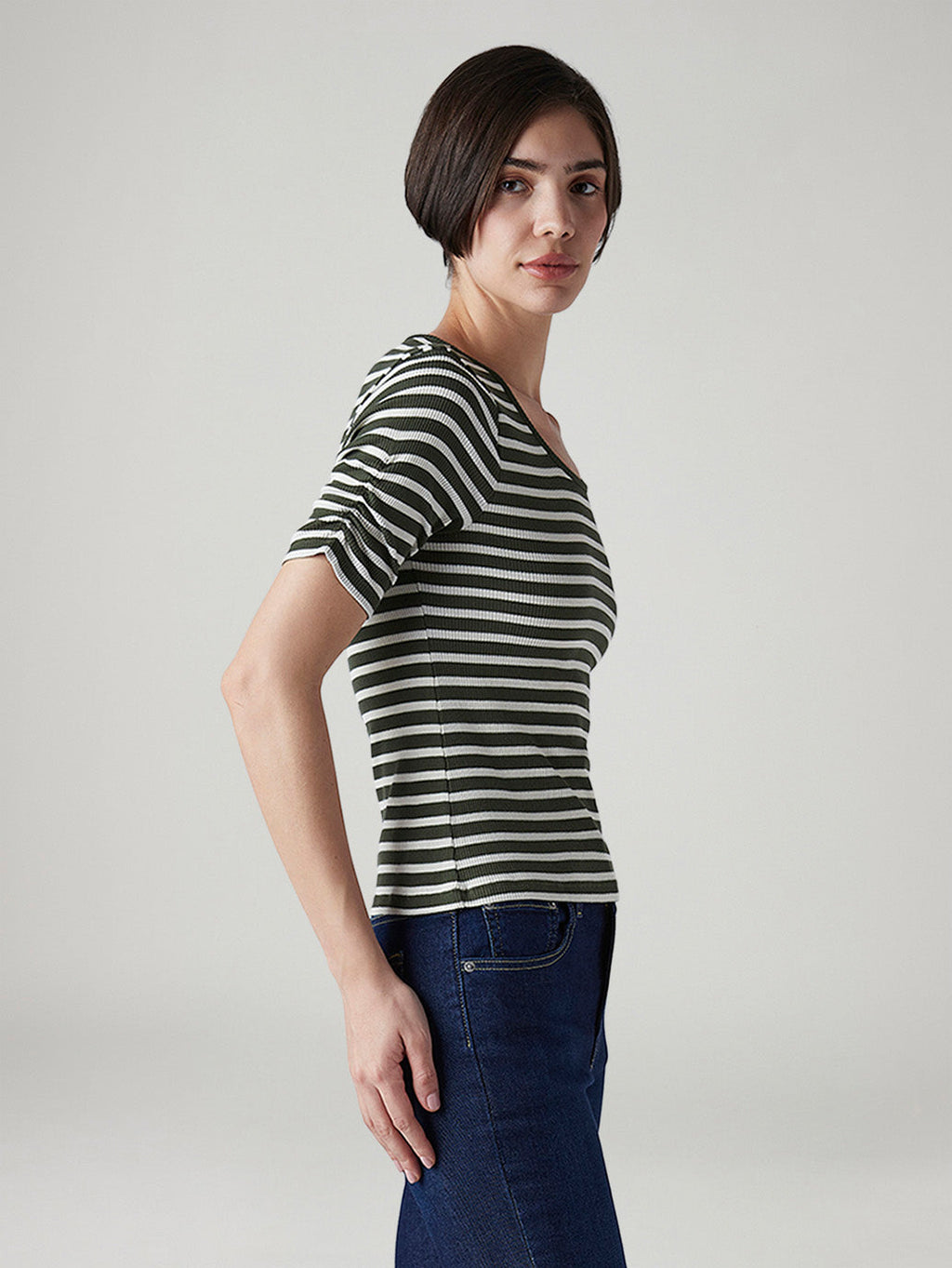 Women's Striped Olive Scoop Neck Top