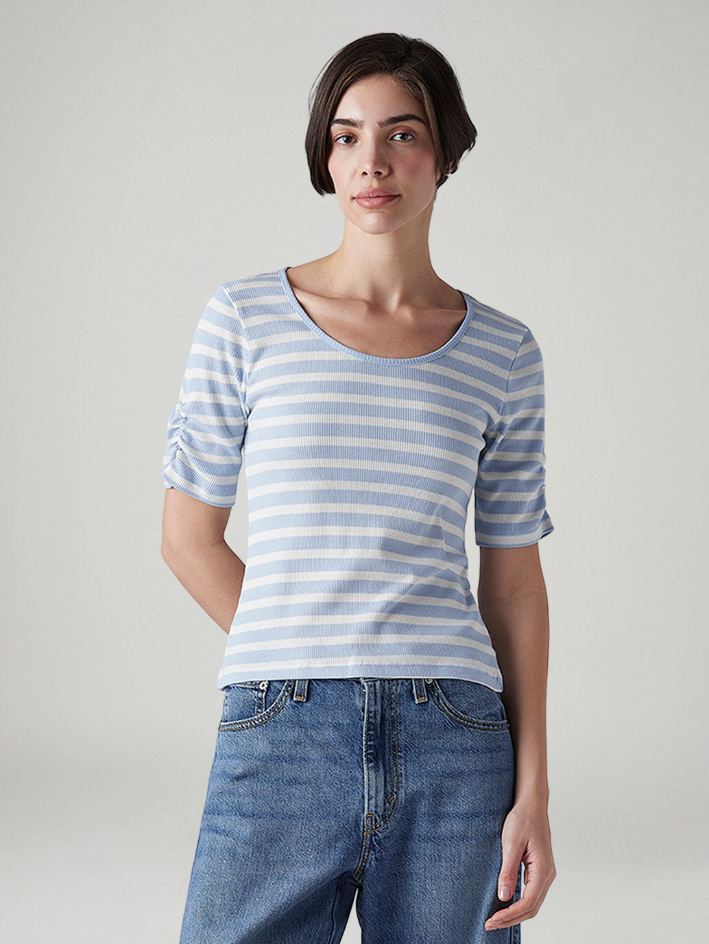 Women's Striped Light Blue Scoop Neck Top