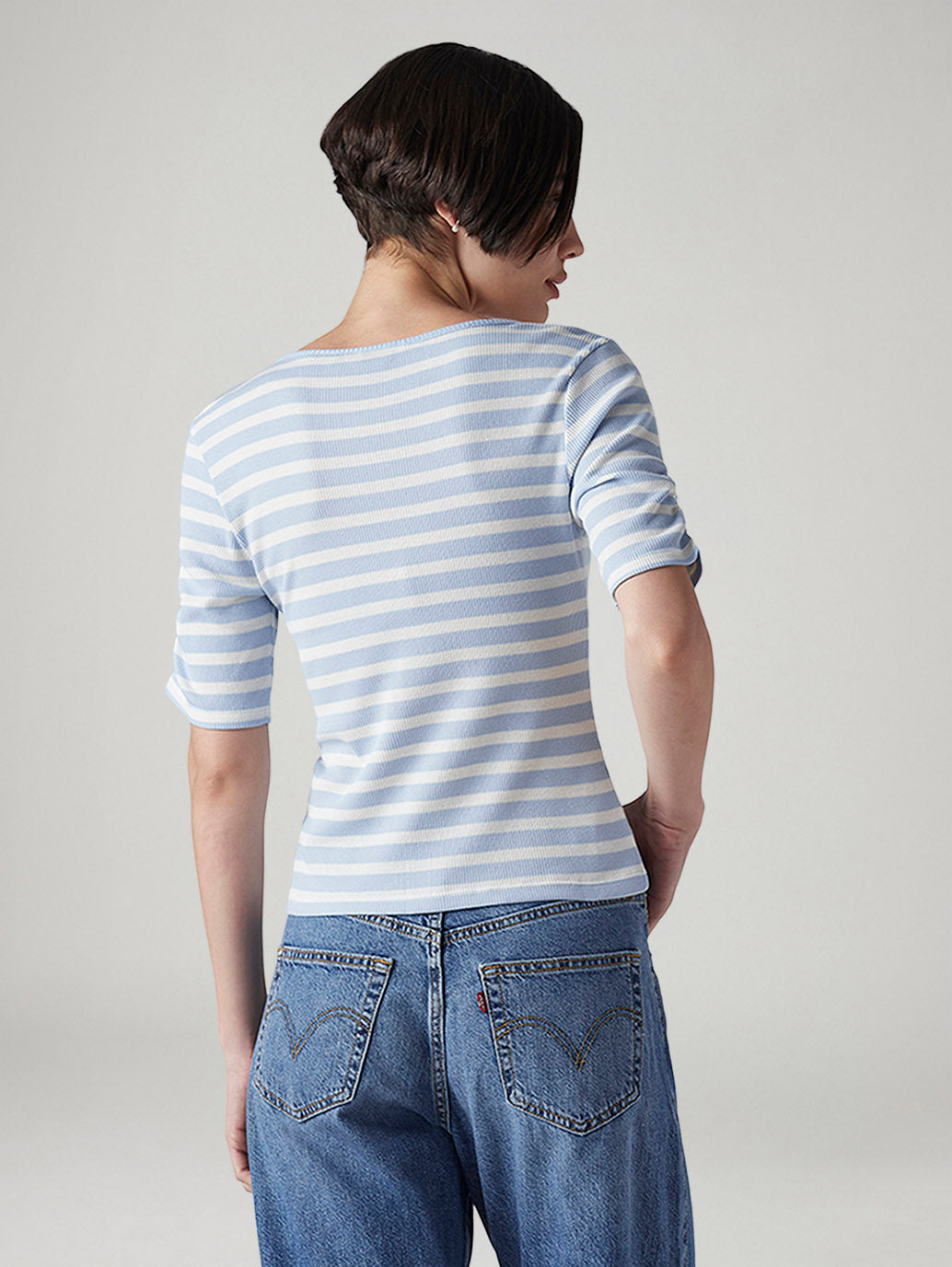 Women's Striped Light Blue Scoop Neck Top