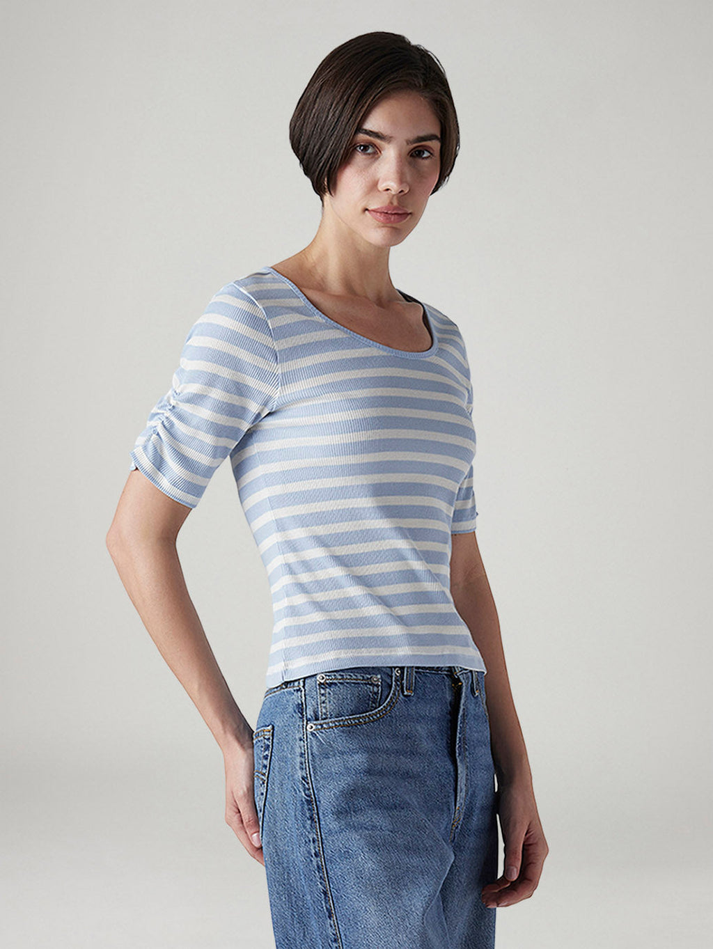 Women's Striped Light Blue Scoop Neck Top