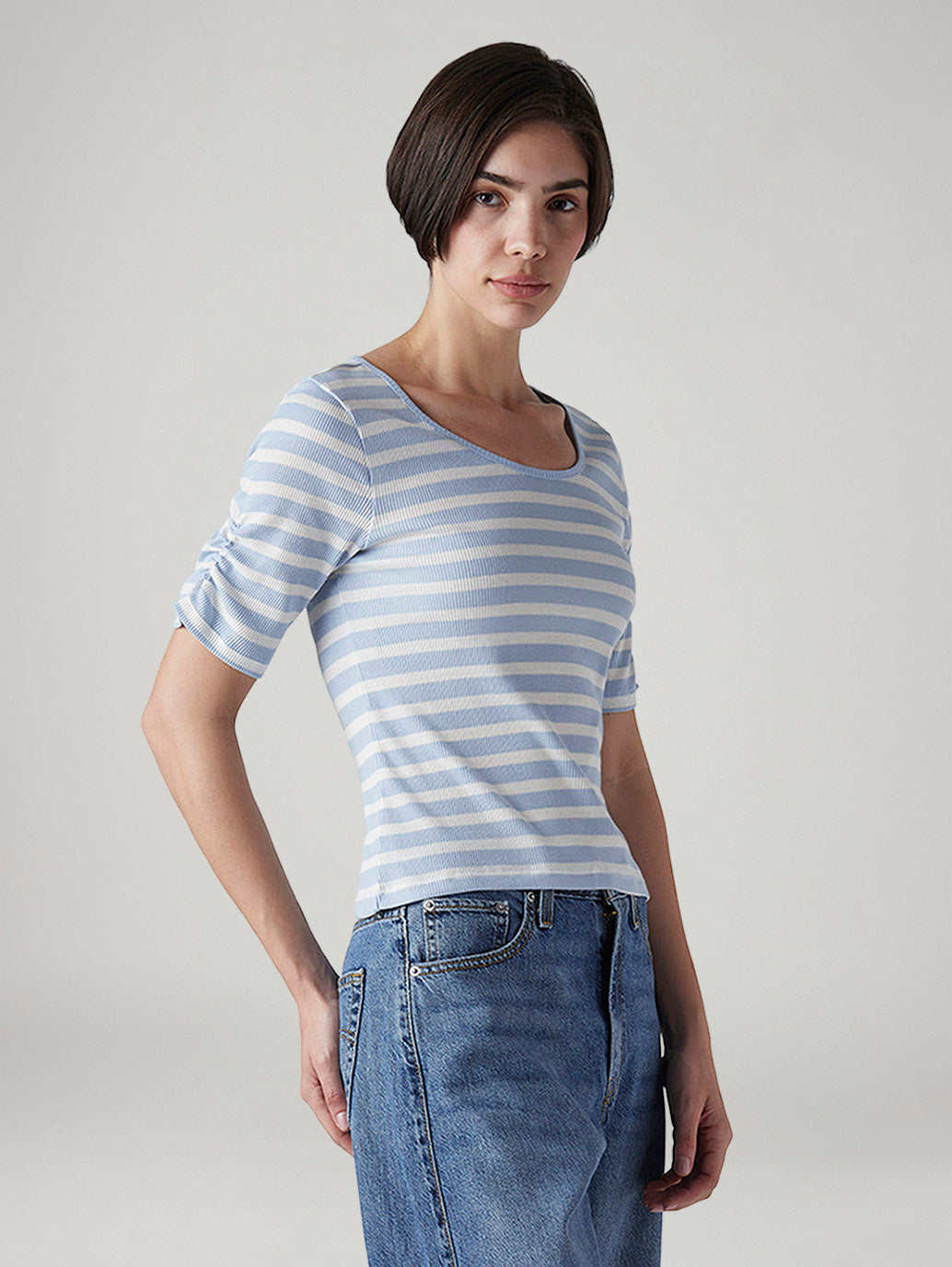 Women's Striped Light Blue Scoop Neck Top