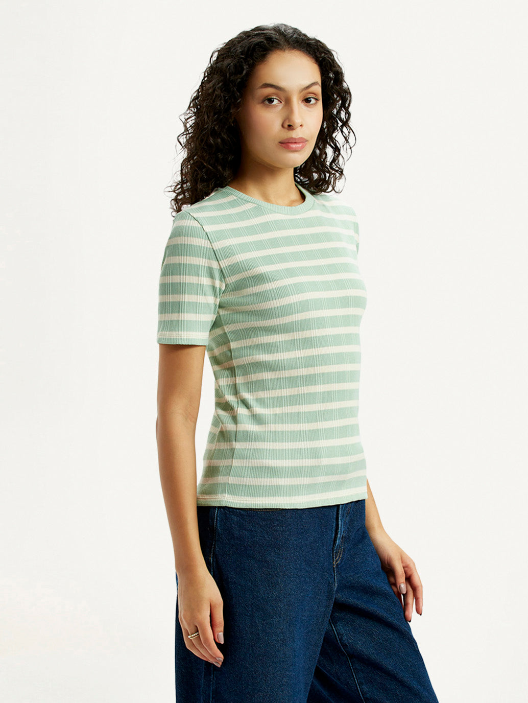 Women's Striped Light Green Slim Fit T-shirt