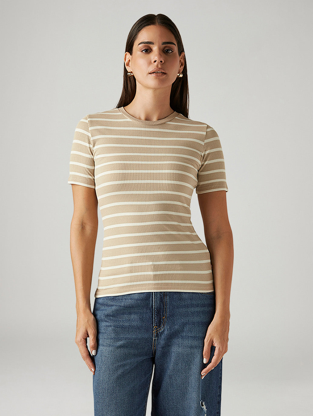 Women's Striped Beige Slim Fit T-shirt