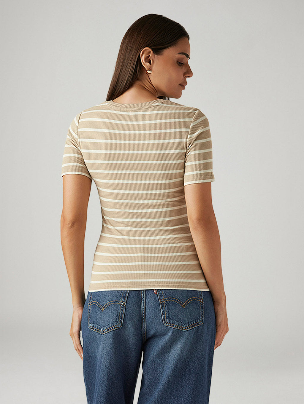 Women's Striped Beige Slim Fit T-shirt