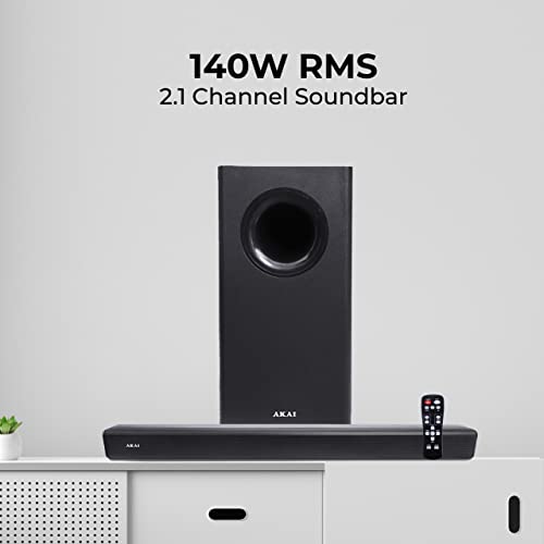 Akai SB140, 2.1 Channel Soundbar with 140 Watts Wired Subwoofer for Extra Deep Bass, Black