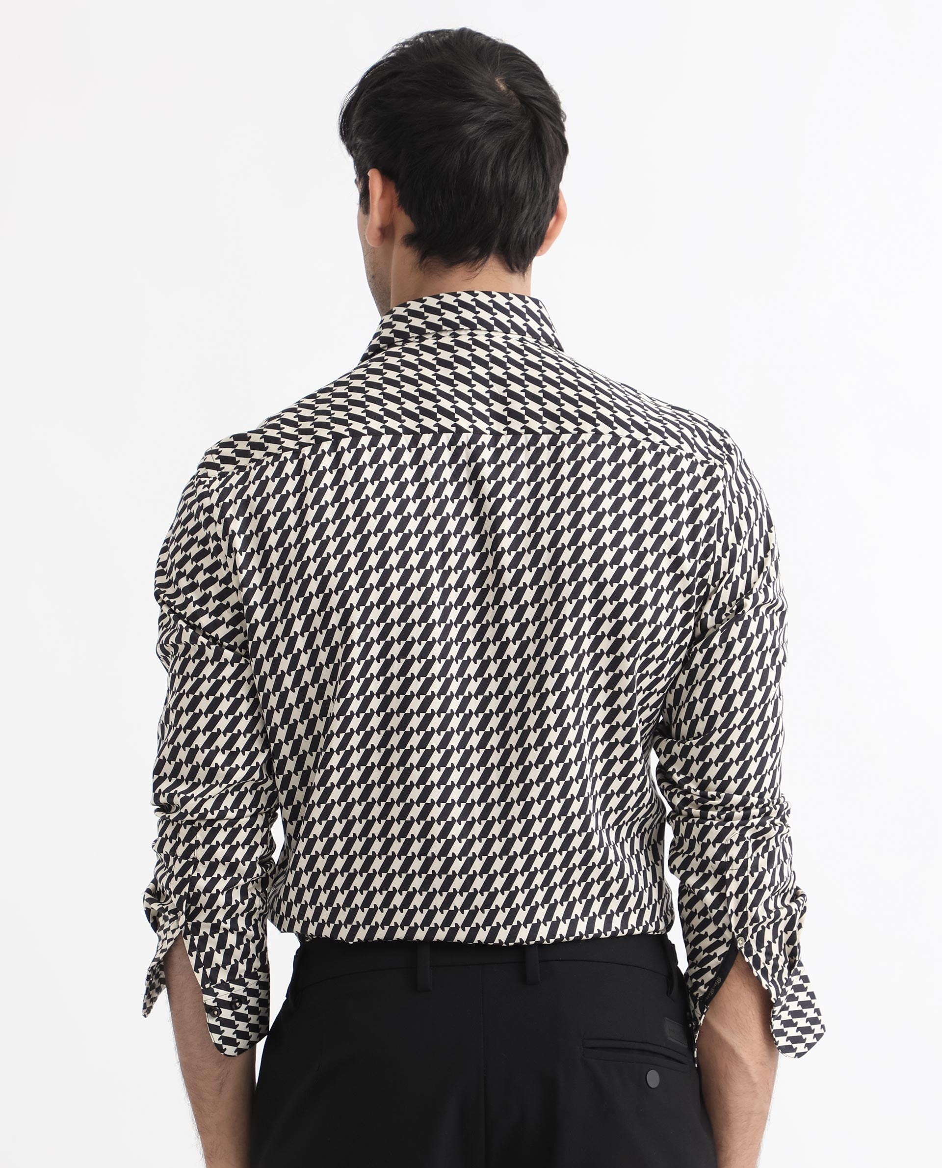 Rare Rabbit Men's Allin Black Cotton Geometric Print Regular Fit Full Sleeve Collared Shirt