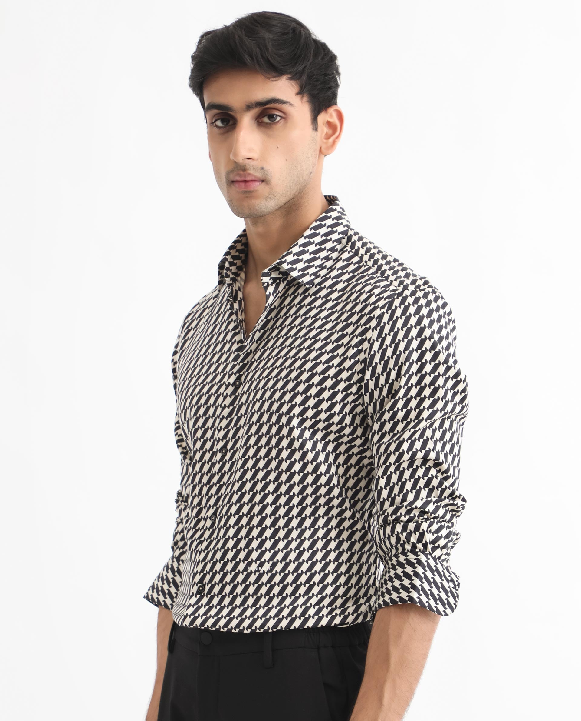 Rare Rabbit Men's Allin Black Cotton Geometric Print Regular Fit Full Sleeve Collared Shirt