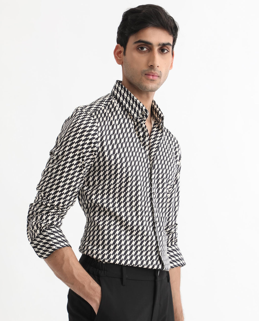 Rare Rabbit Men's Allin Black Cotton Geometric Print Regular Fit Full Sleeve Collared Shirt