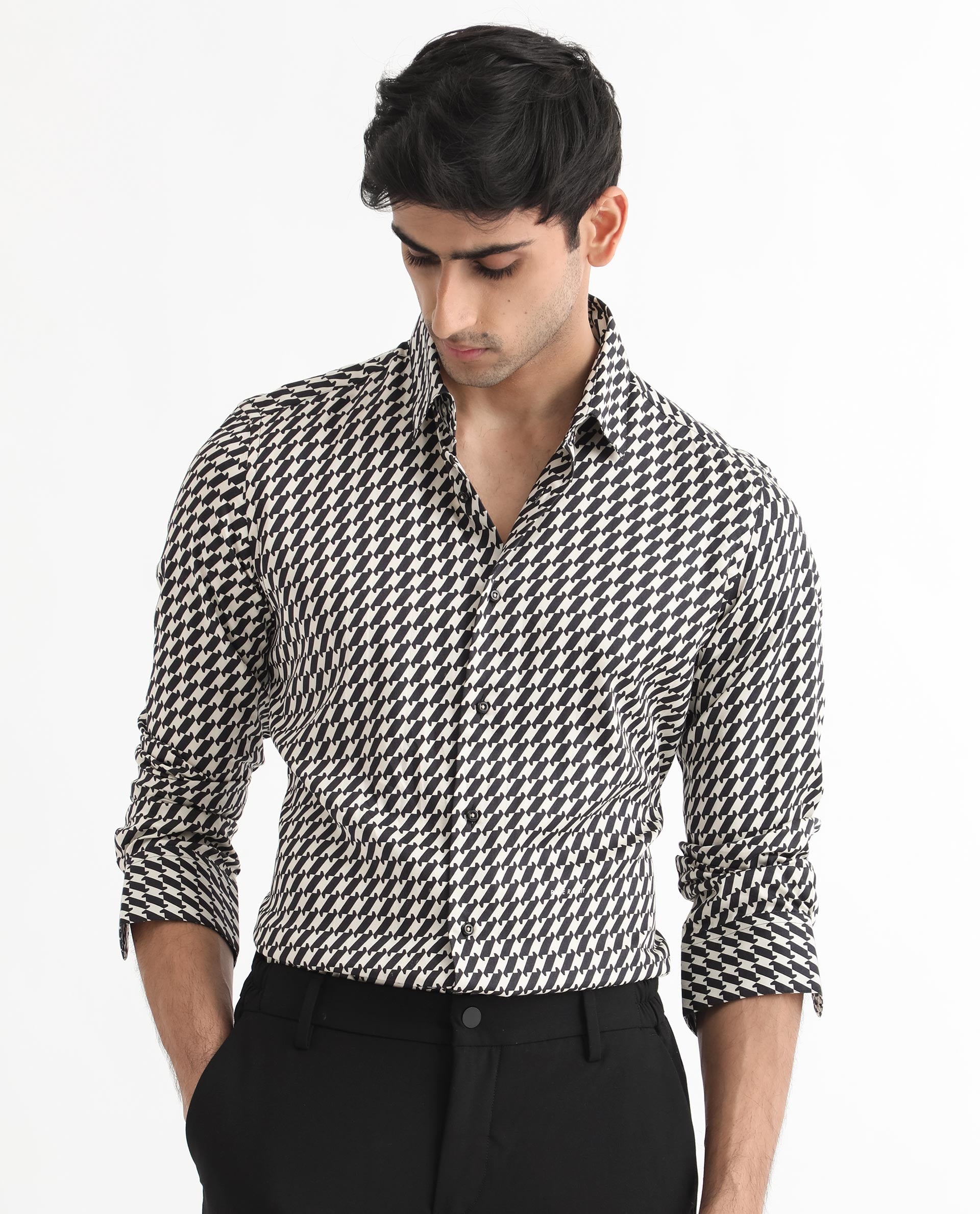 Rare Rabbit Men's Allin Black Cotton Geometric Print Regular Fit Full Sleeve Collared Shirt