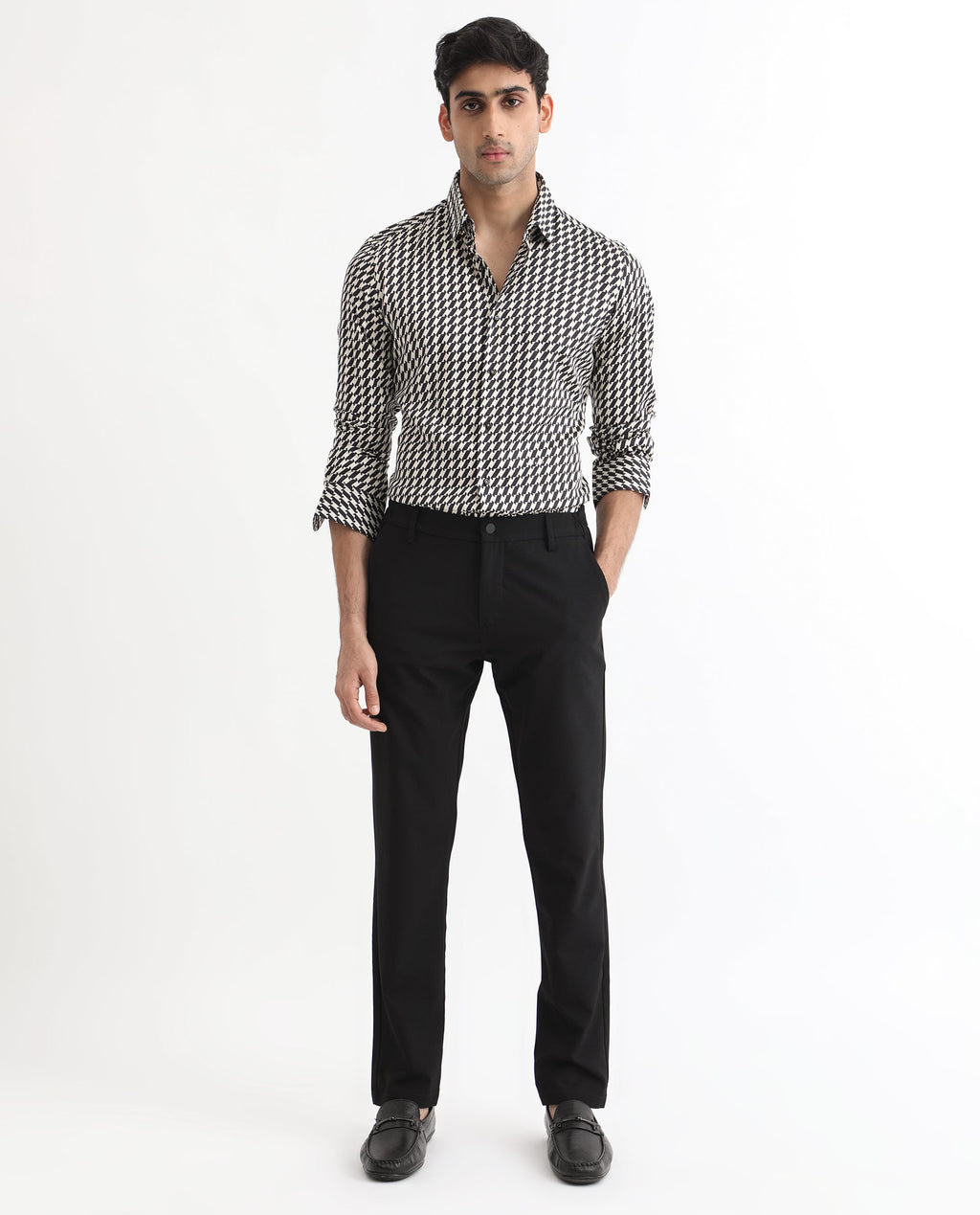 Rare Rabbit Men's Allin Black Cotton Geometric Print Regular Fit Full Sleeve Collared Shirt