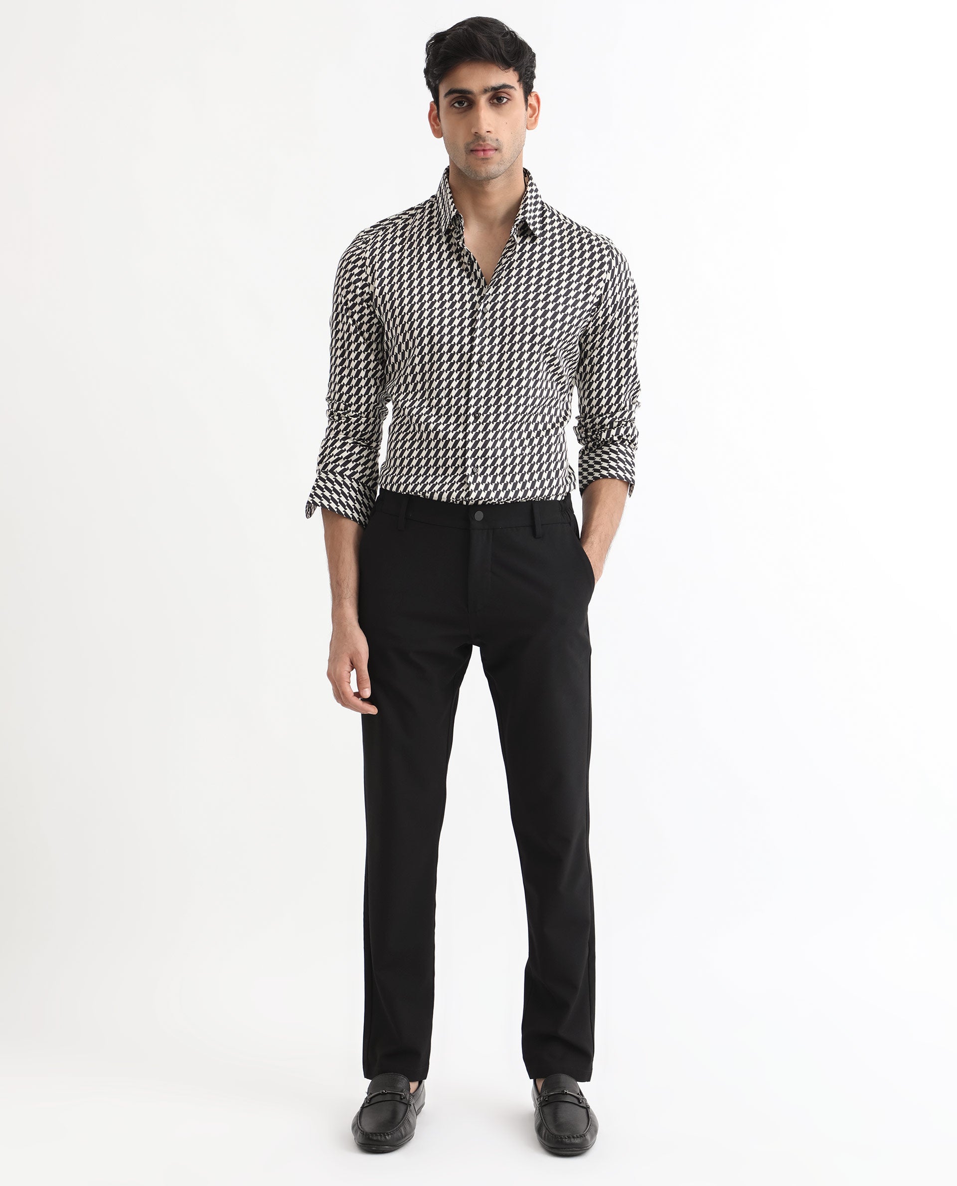 Rare Rabbit Men's Allin Black Cotton Geometric Print Regular Fit Full Sleeve Collared Shirt
