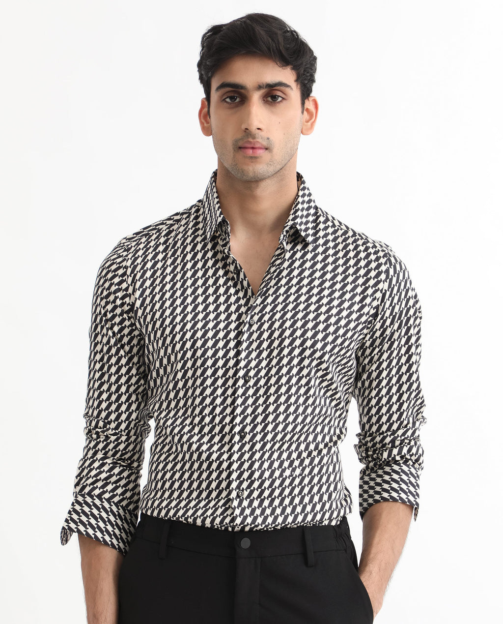 Rare Rabbit Men's Allin Black Cotton Geometric Print Regular Fit Full Sleeve Collared Shirt