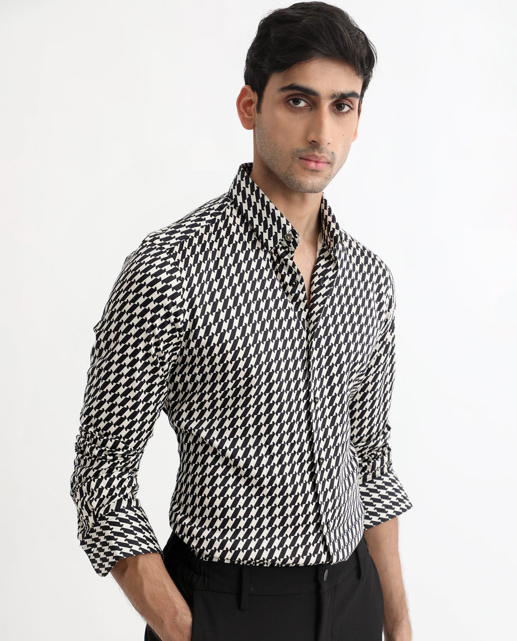Rare Rabbit Men's Allin Black Cotton Geometric Print Regular Fit Full Sleeve Collared Shirt