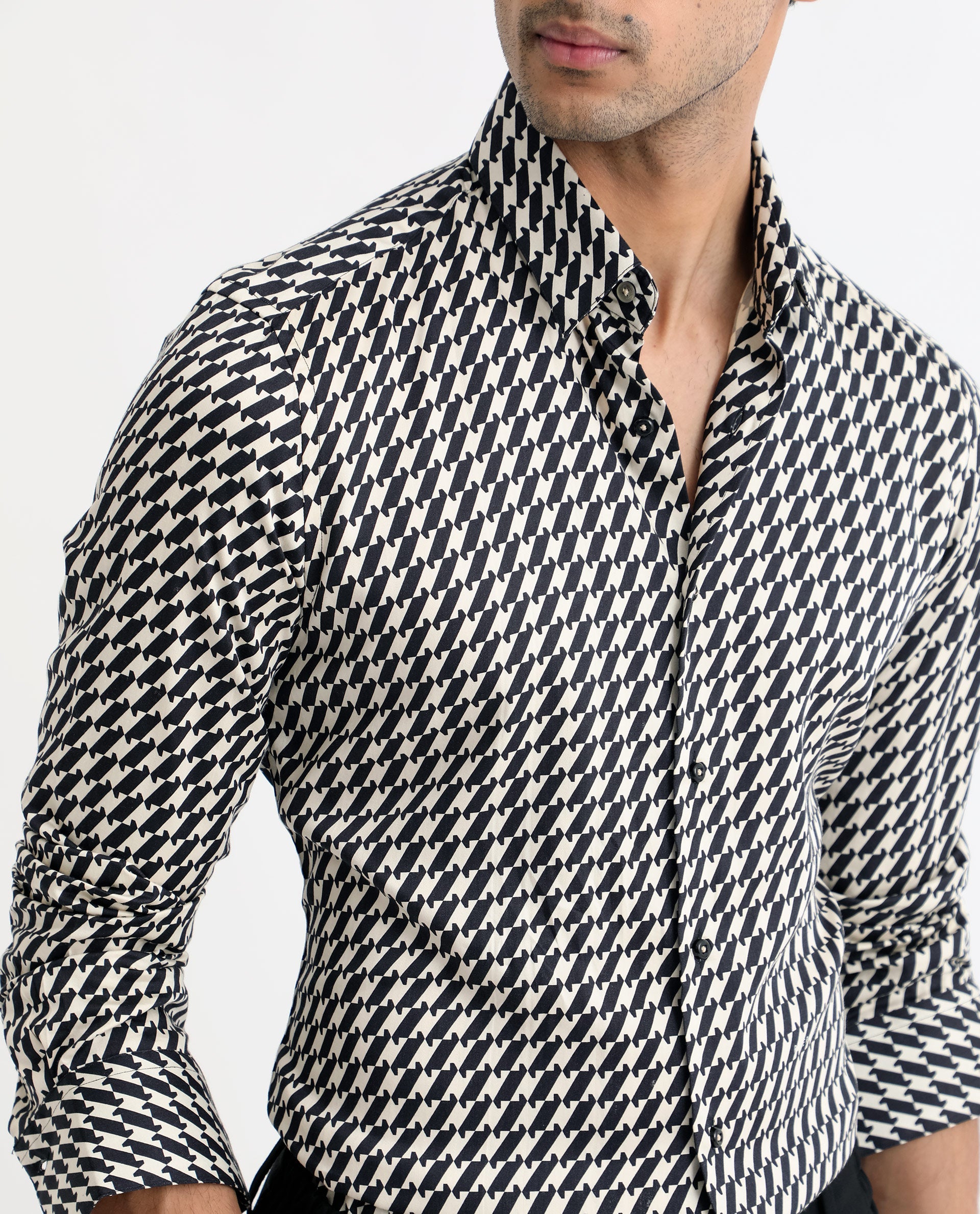 Rare Rabbit Men's Allin Black Cotton Geometric Print Regular Fit Full Sleeve Collared Shirt