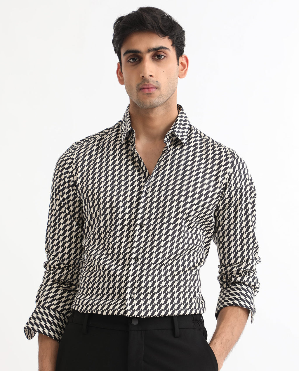 Rare Rabbit Men's Allin Black Cotton Geometric Print Regular Fit Full Sleeve Collared Shirt