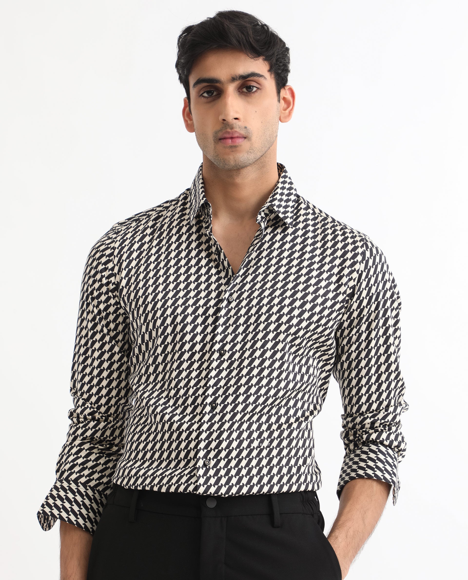 Rare Rabbit Men's Allin Black Cotton Geometric Print Regular Fit Full Sleeve Collared Shirt