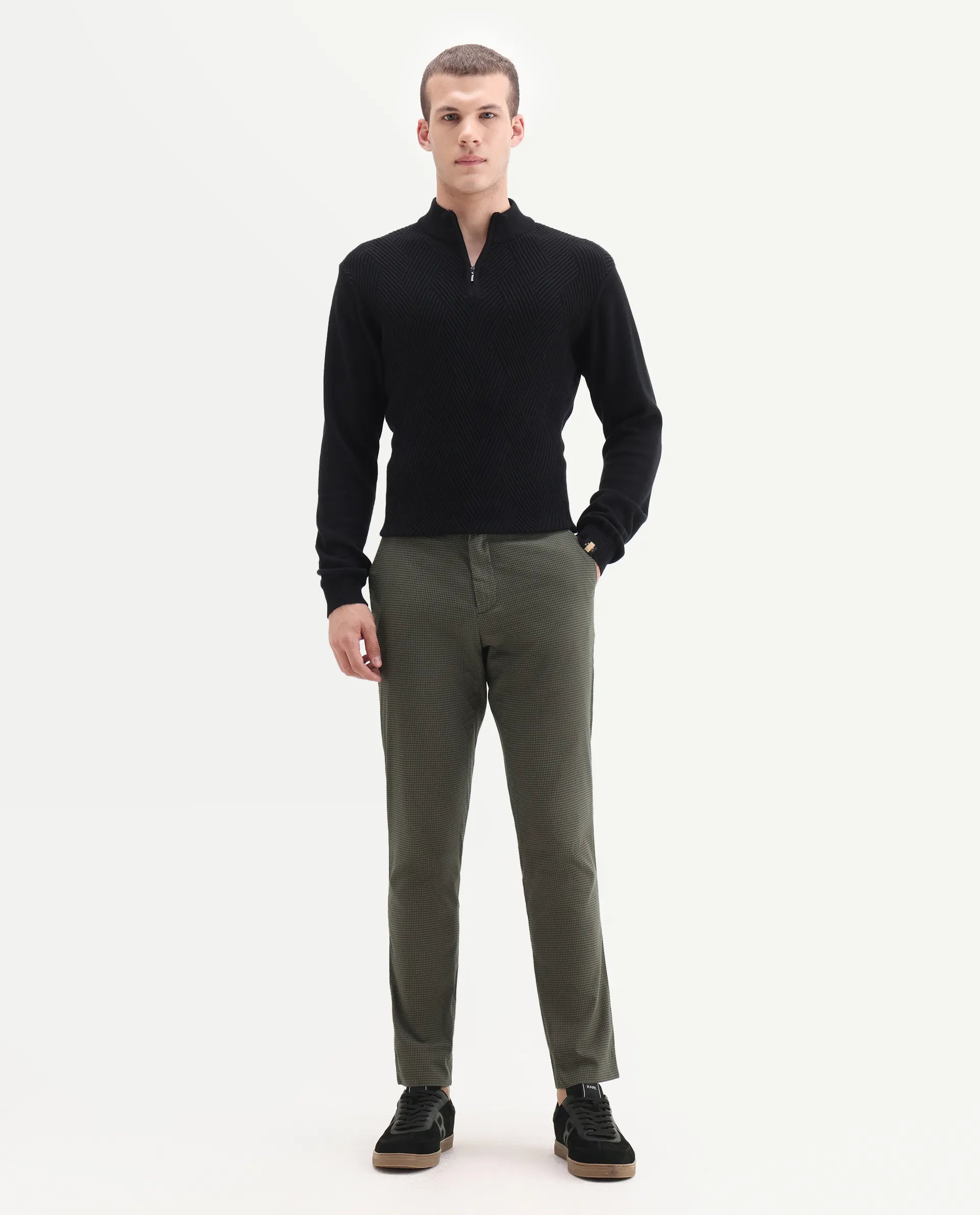Rare Rabbit Men's Albion Green Cotton Checked Print Regular Fit Trouser