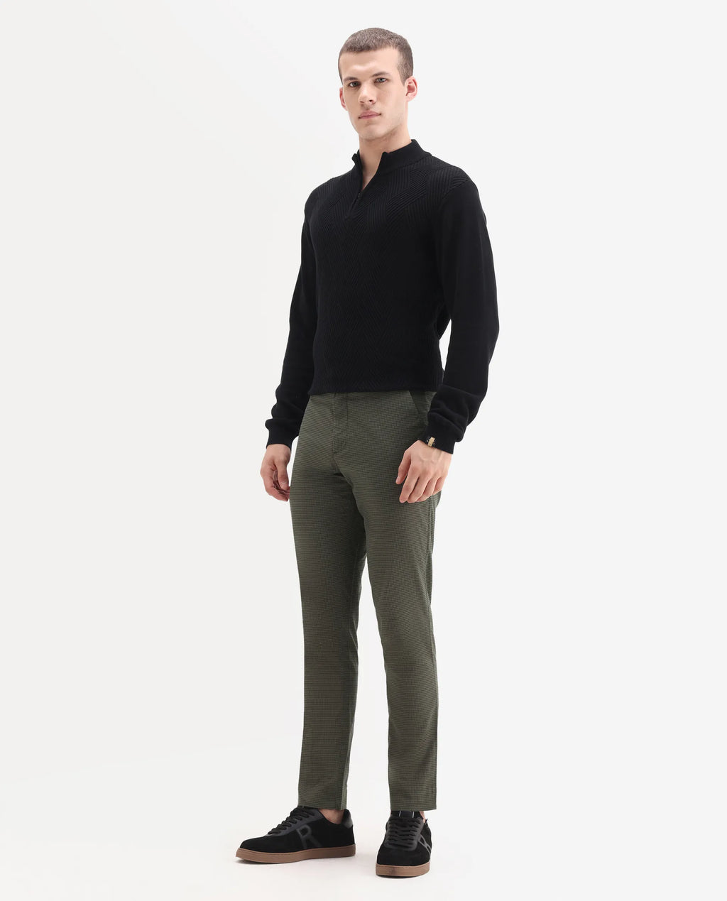 Rare Rabbit Men's Albion Green Cotton Checked Print Regular Fit Trouser
