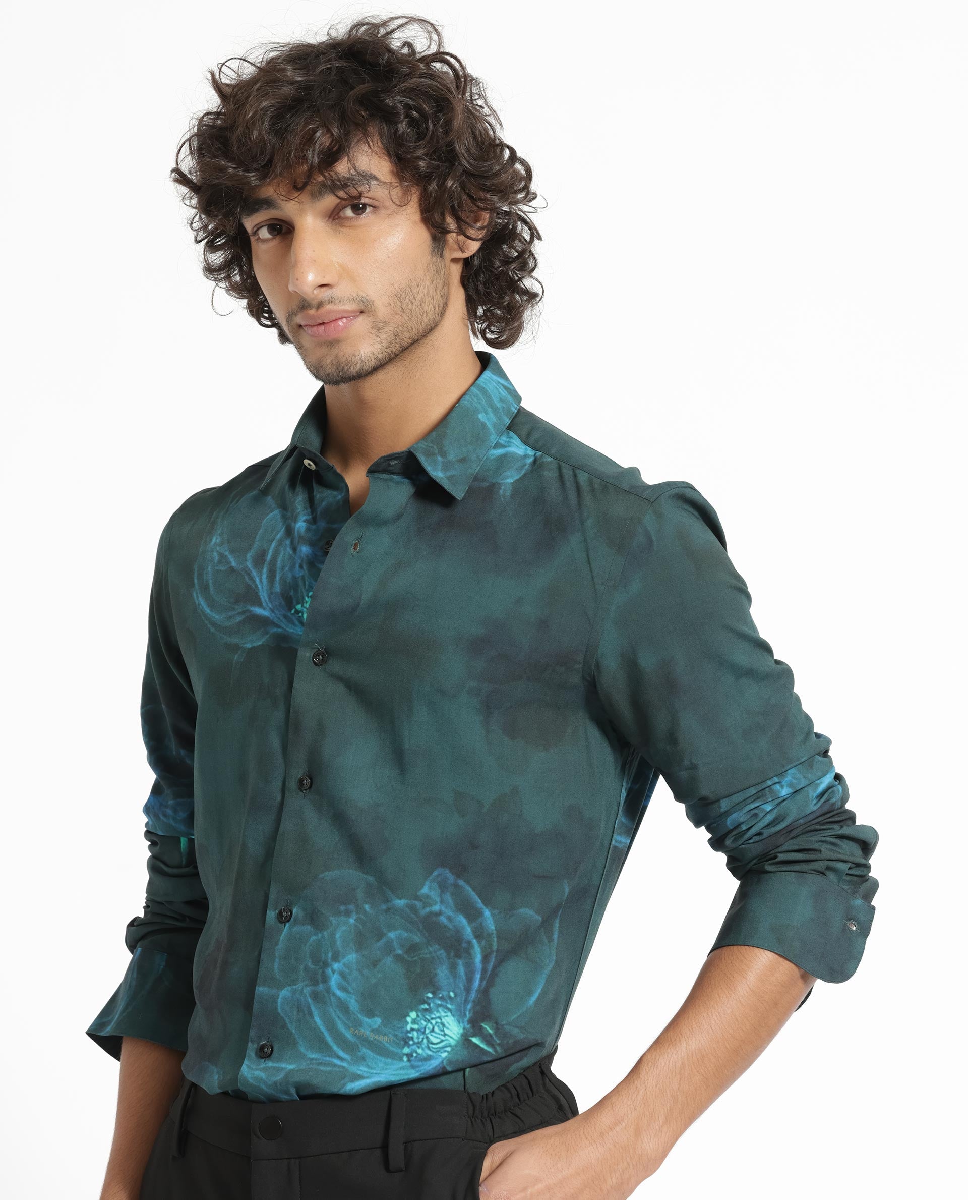 Rare Rabbit Men's Alwick Dark Green Viscose Floral Print Regular Fit Full Sleeve Collared Shirt