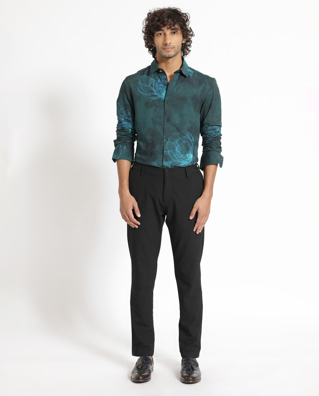 Rare Rabbit Men's Alwick Dark Green Viscose Floral Print Regular Fit Full Sleeve Collared Shirt