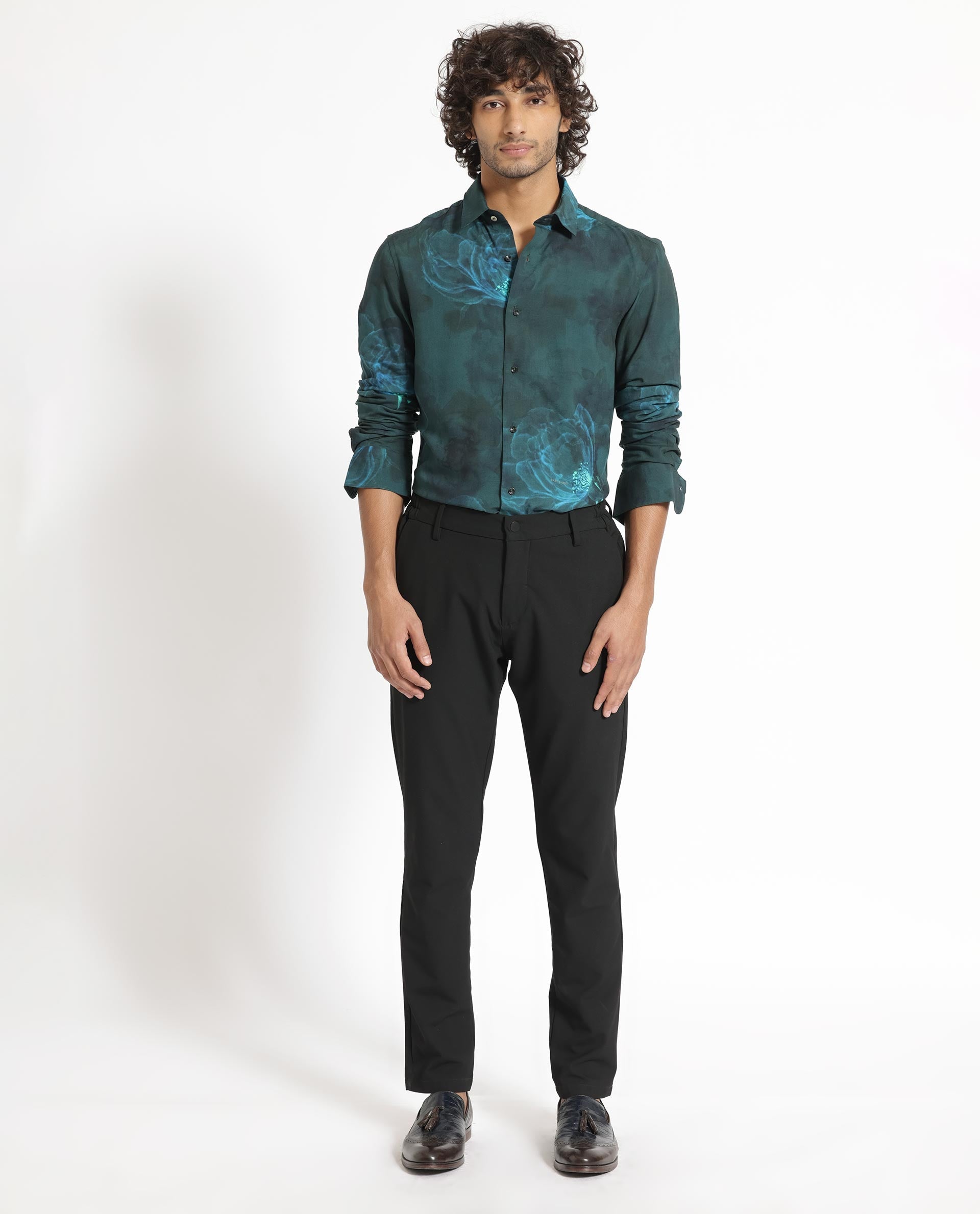 Rare Rabbit Men's Alwick Dark Green Viscose Floral Print Regular Fit Full Sleeve Collared Shirt