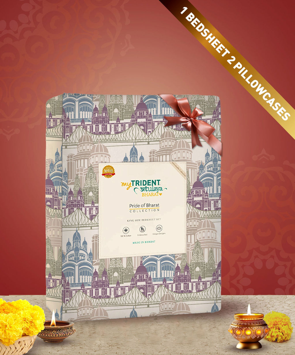 Atulaya Bharat King Bedsheet Set, Amar Shohar|144 TC Cotton|2 Pillow Covers