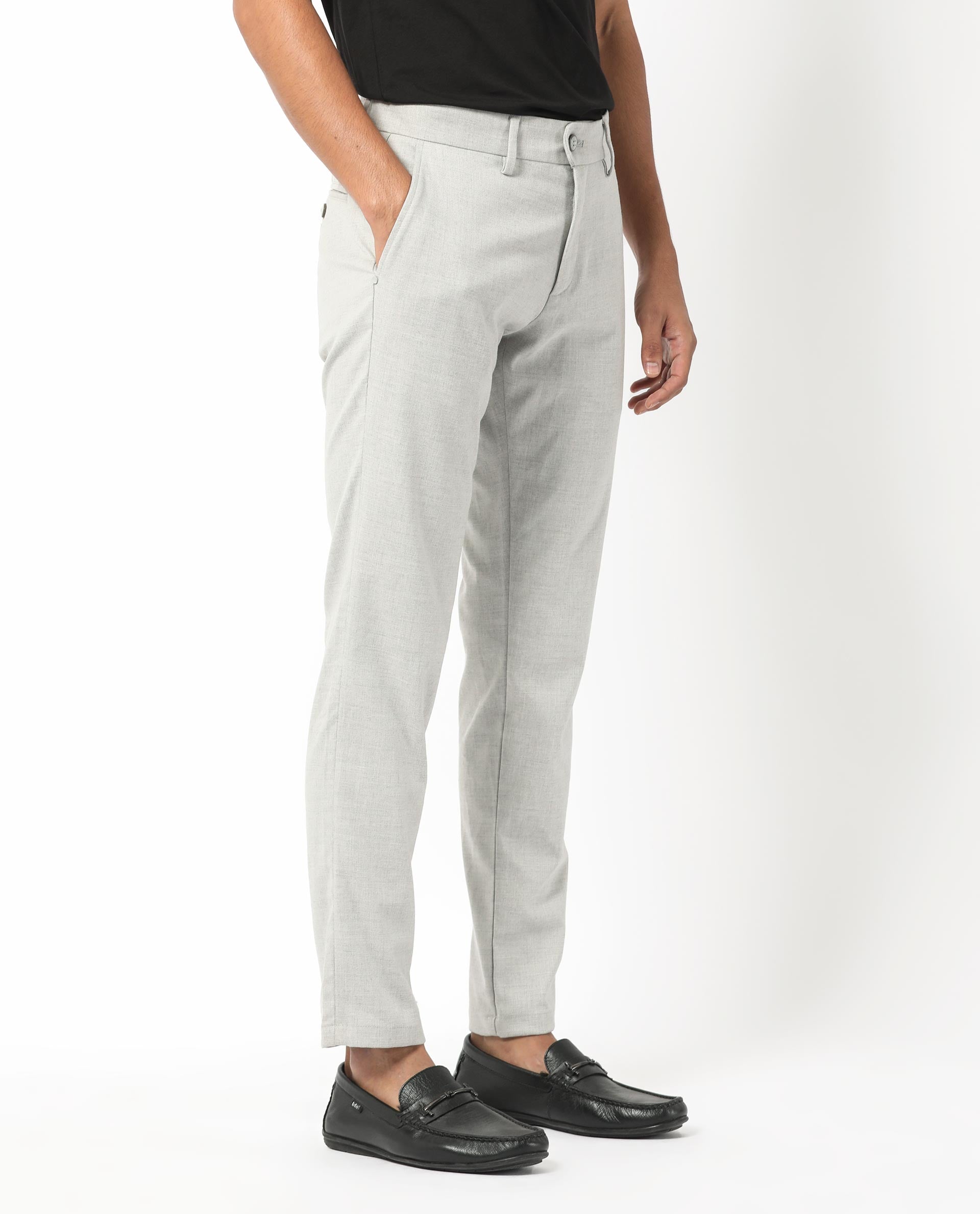 Rare Rabbit Men's Mercer Light Grey Polyester Plain Regular Fit Trouser