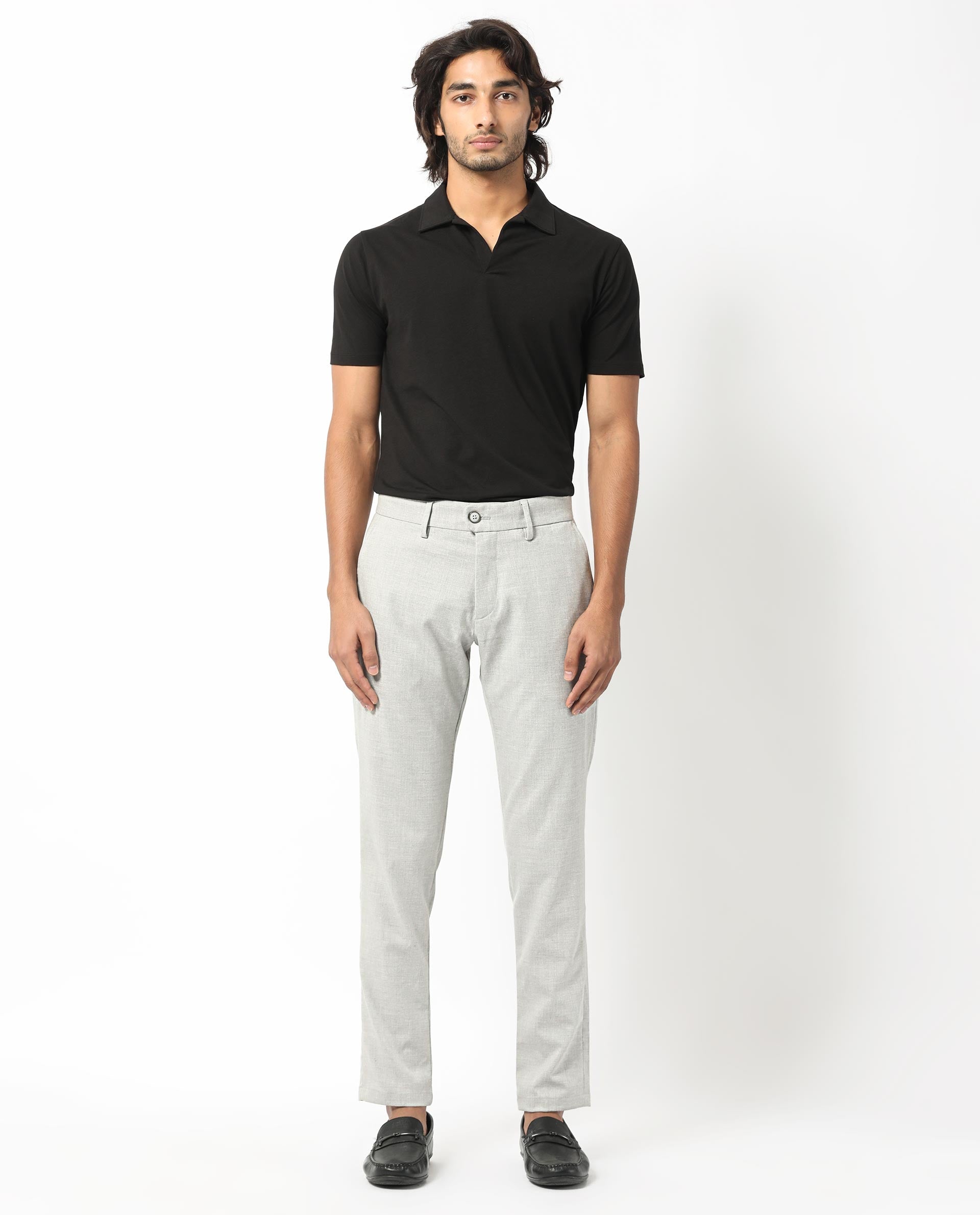 Rare Rabbit Men's Mercer Light Grey Polyester Plain Regular Fit Trouser