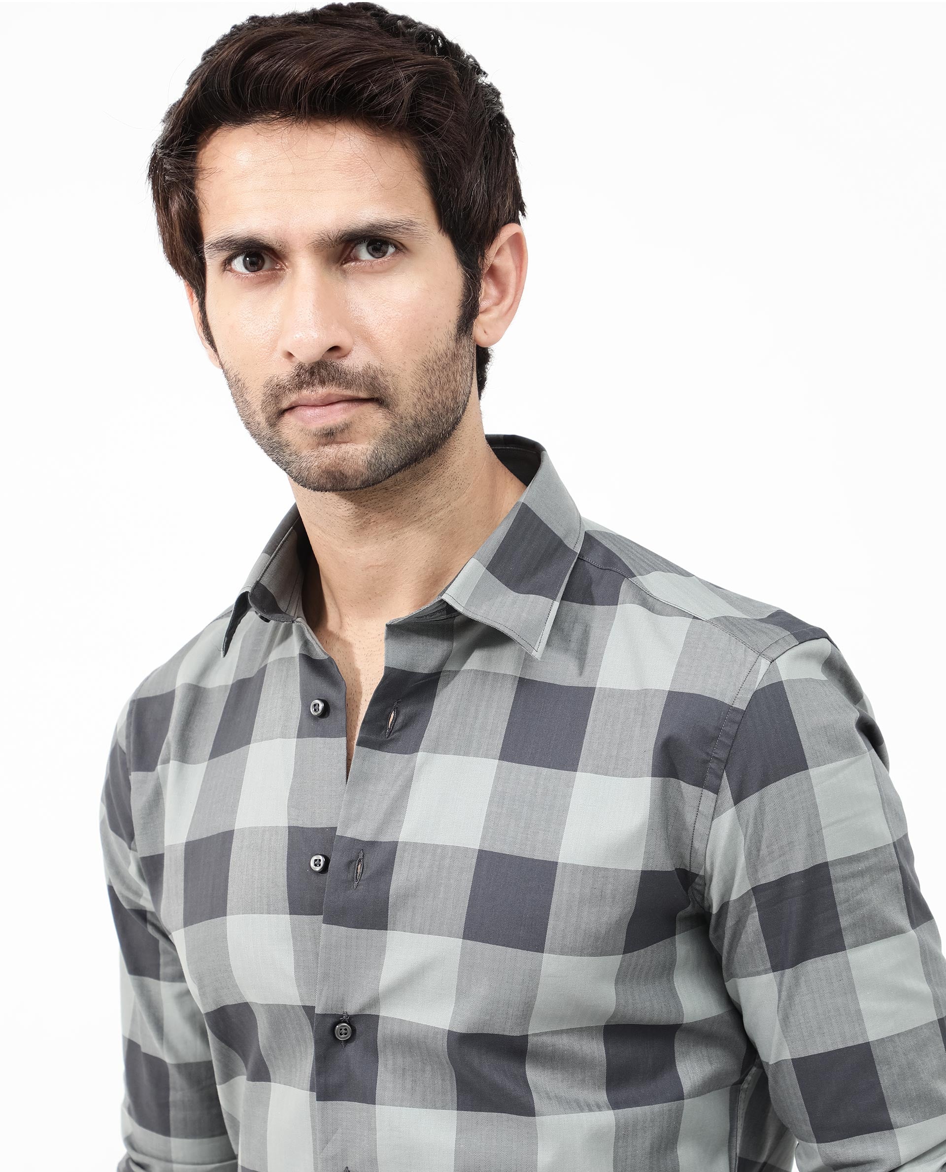 Rare Rabbit Men's Amos Grey Cotton Checked Print Regular Fit Full Sleeve Collared Shirt