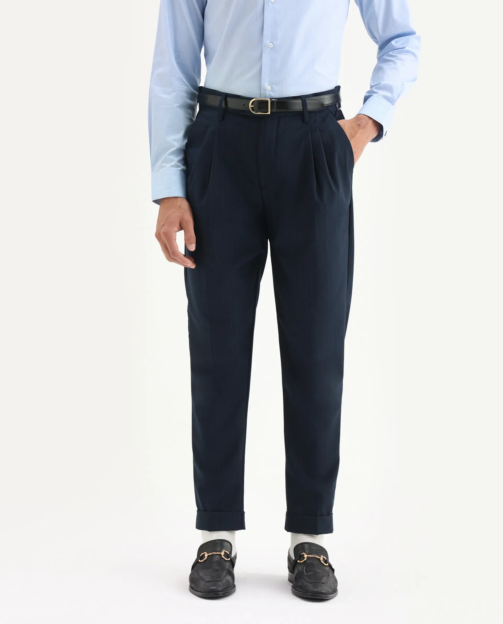 Rare Rabbit Men's Amosy Navy Cotton Striped Print Relaxed Fit Trouser