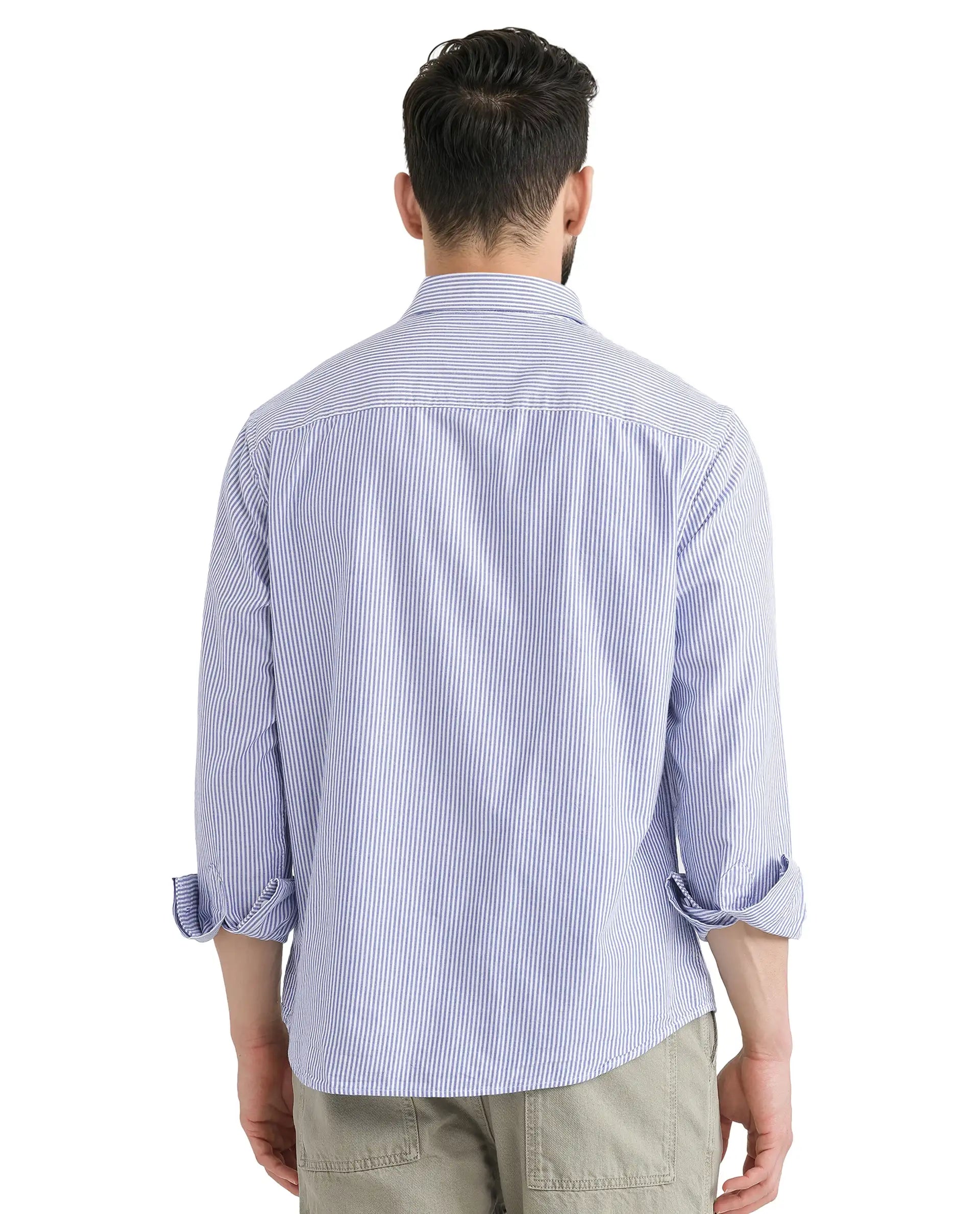 Rare Rabbit Men's Amot White Cotton Striped Print Regular Fit Full Sleeve Collared Shirt