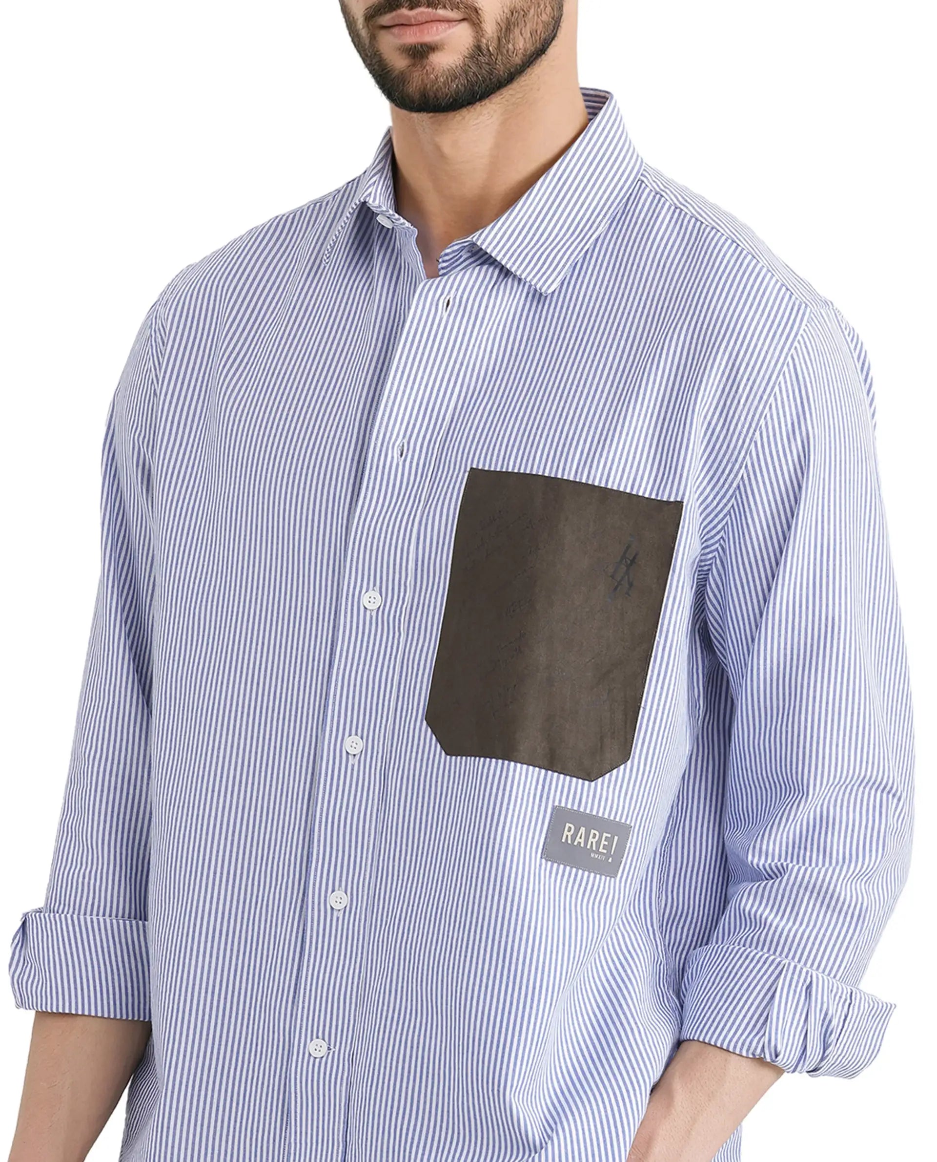 Rare Rabbit Men's Amot White Cotton Striped Print Regular Fit Full Sleeve Collared Shirt