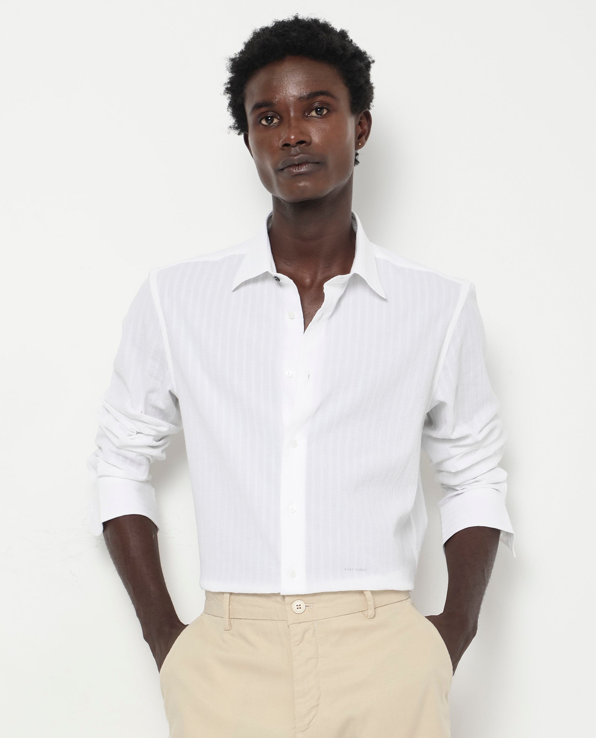 Rare Rabbit Men's Anemo White Cotton Striped Print Regular Fit Full Sleeve Collared Shirt