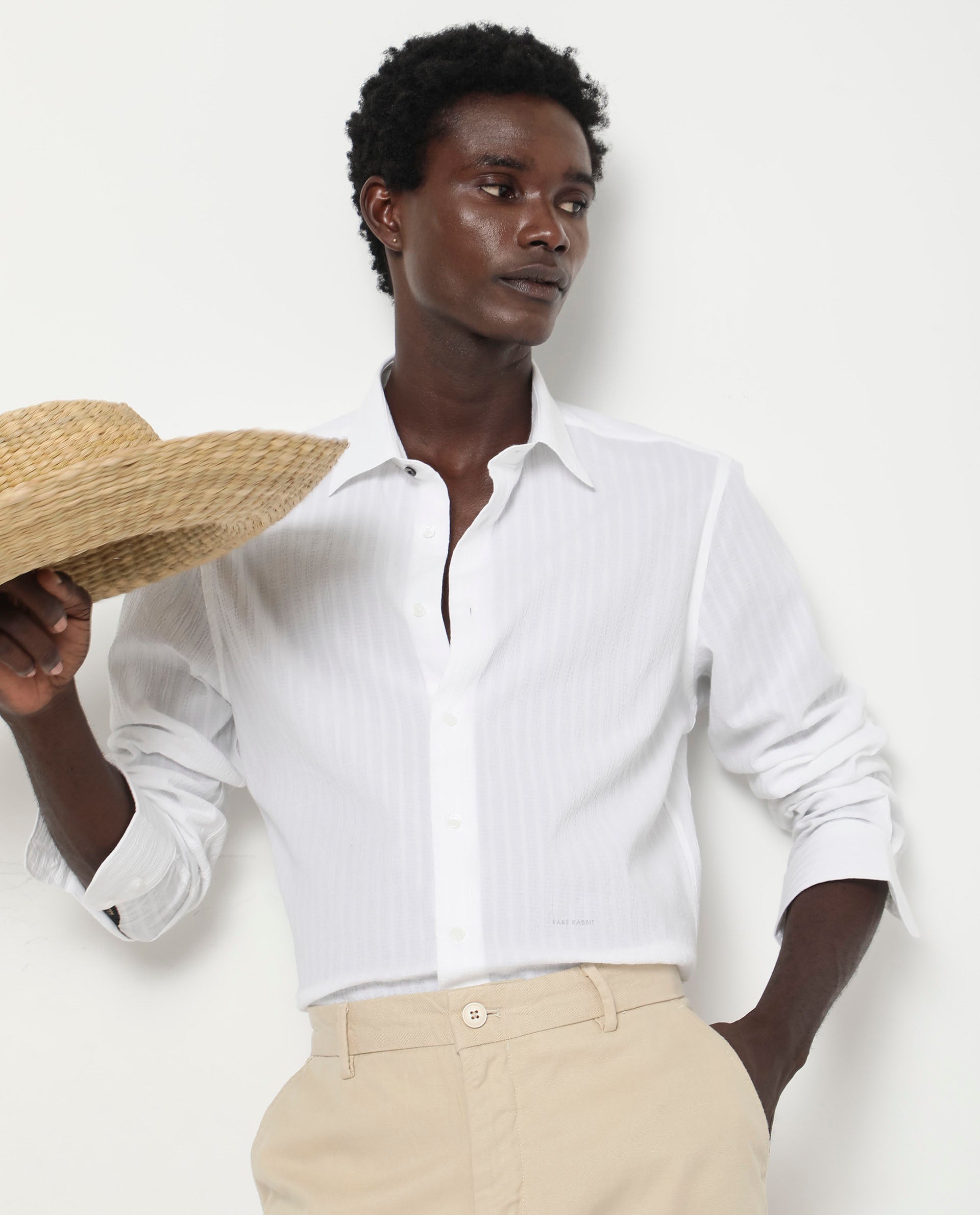 Rare Rabbit Men's Anemo White Cotton Striped Print Regular Fit Full Sleeve Collared Shirt