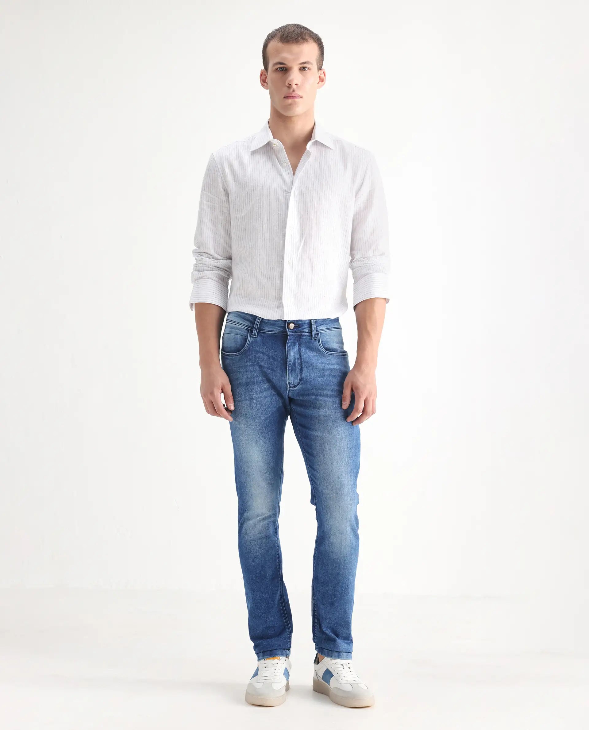 Rare Rabbit Men's Arbok Blue Cotton Plain Hawk Slim Fit Jeans