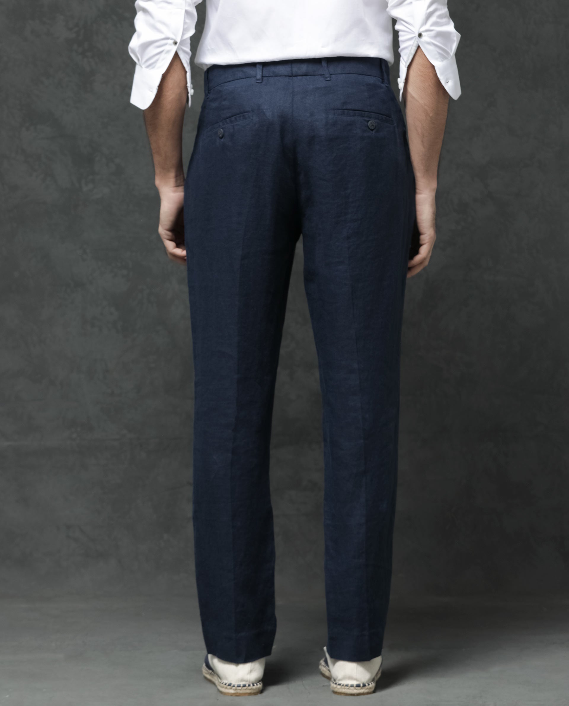 Rare Rabbit Men's Arcelo Navy Linen Plain Regular Fit Trouser