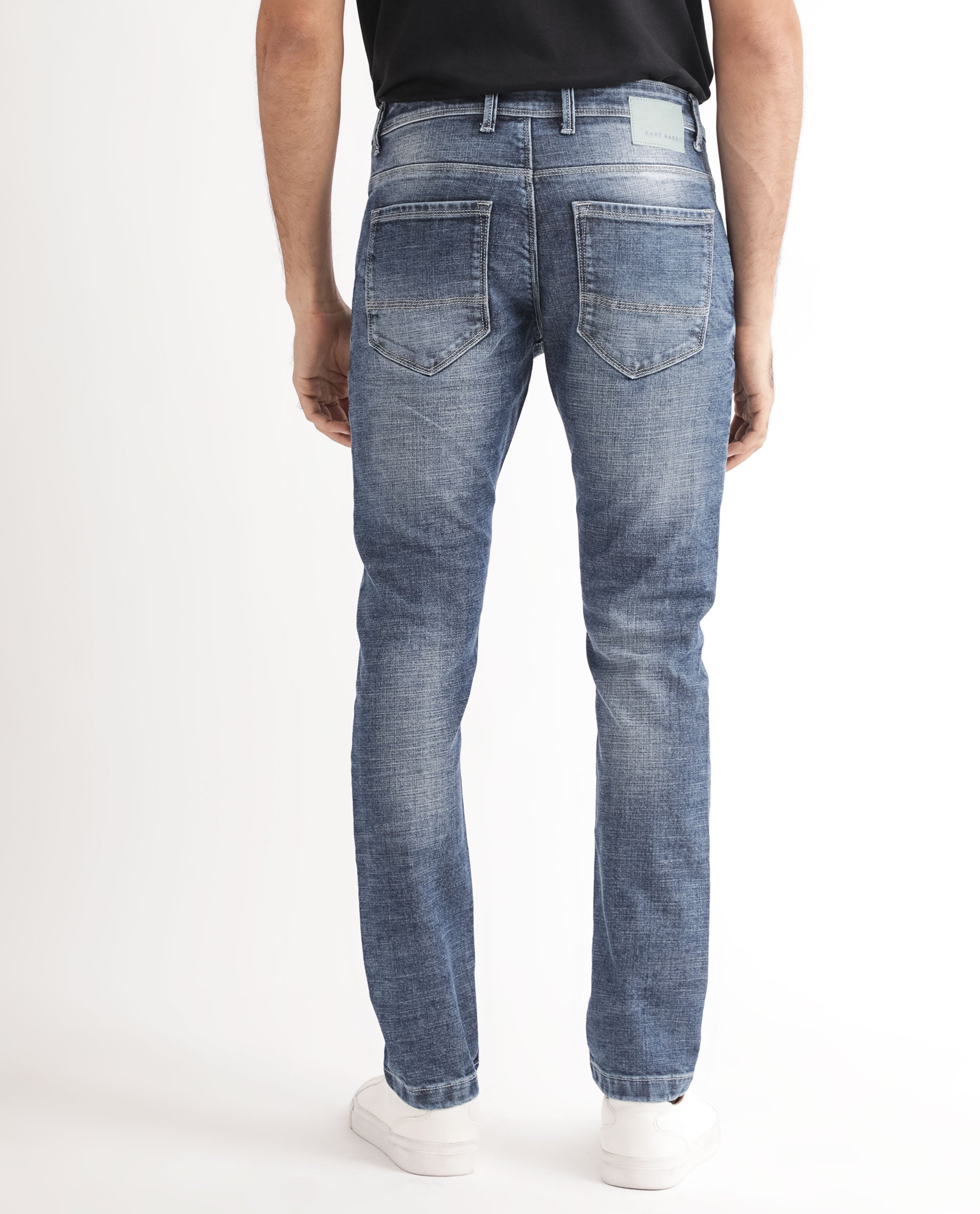 Rare Rabbit Men's Arten Blue Cotton Plain Hawk Slim Fit Jeans
