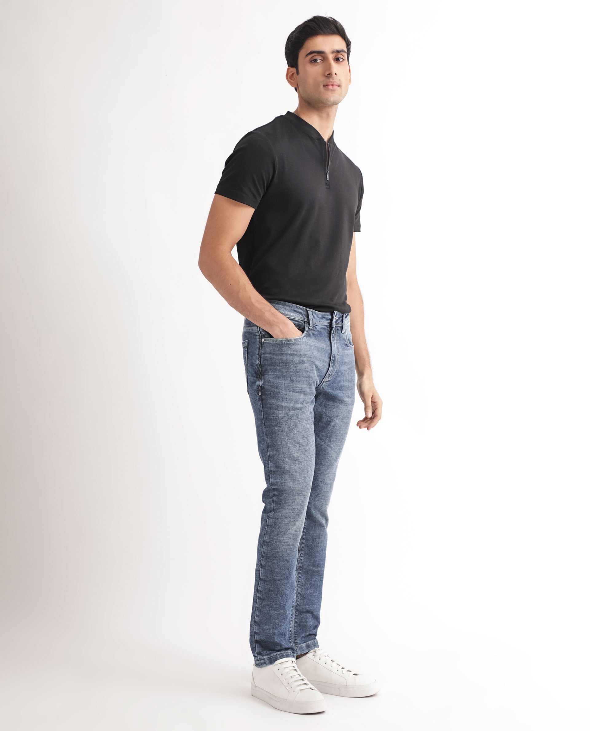 Rare Rabbit Men's Arten Blue Cotton Plain Hawk Slim Fit Jeans